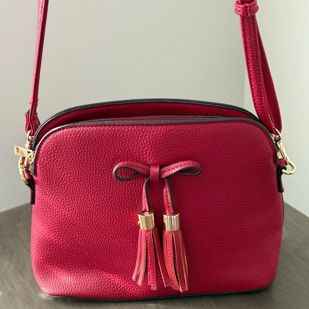 Fashionable Bow Tassel Zipper Crossbody Purse Adjustable Strap – Wine 8